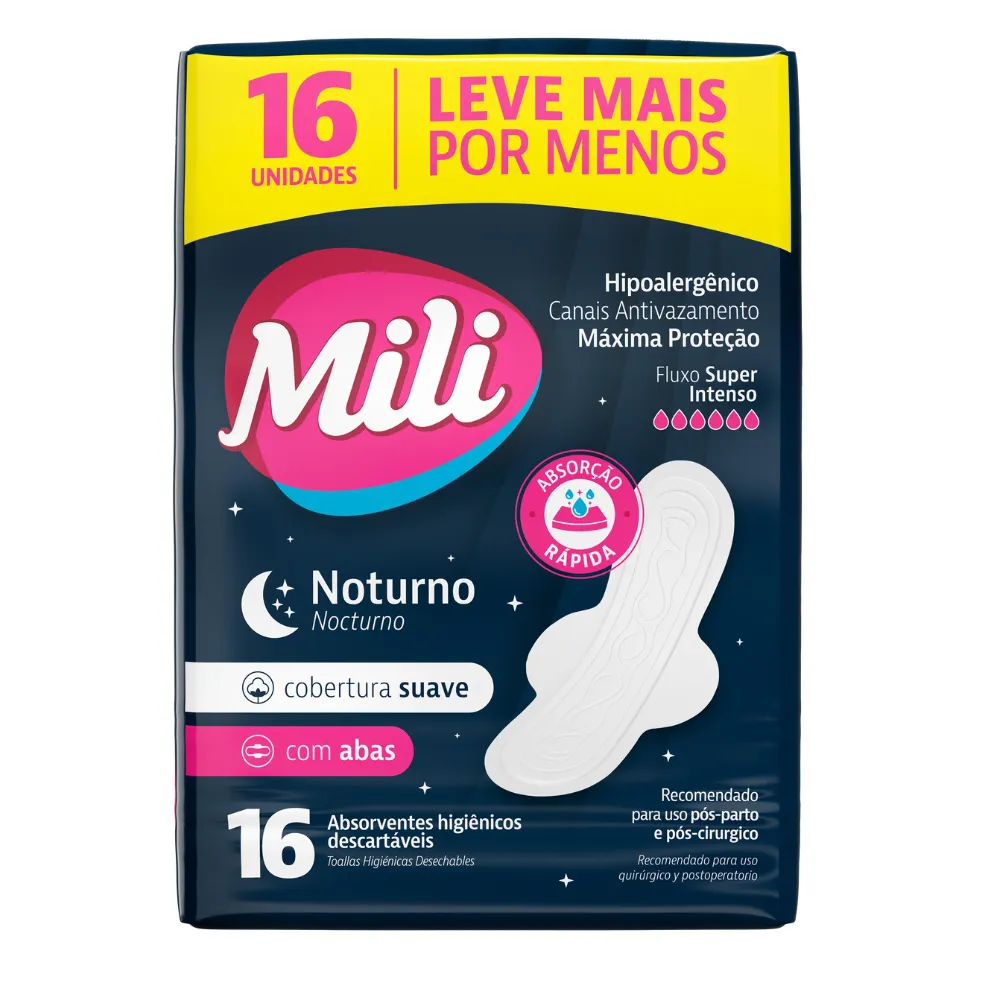 Absorvente Noturno Suave Com Abas Mili 16 Unidades